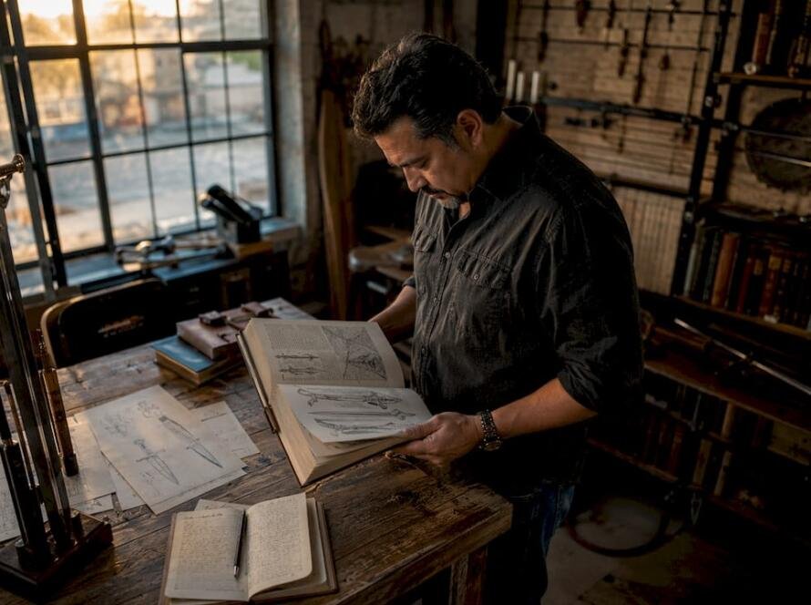 Buyer researching medieval swords at desk