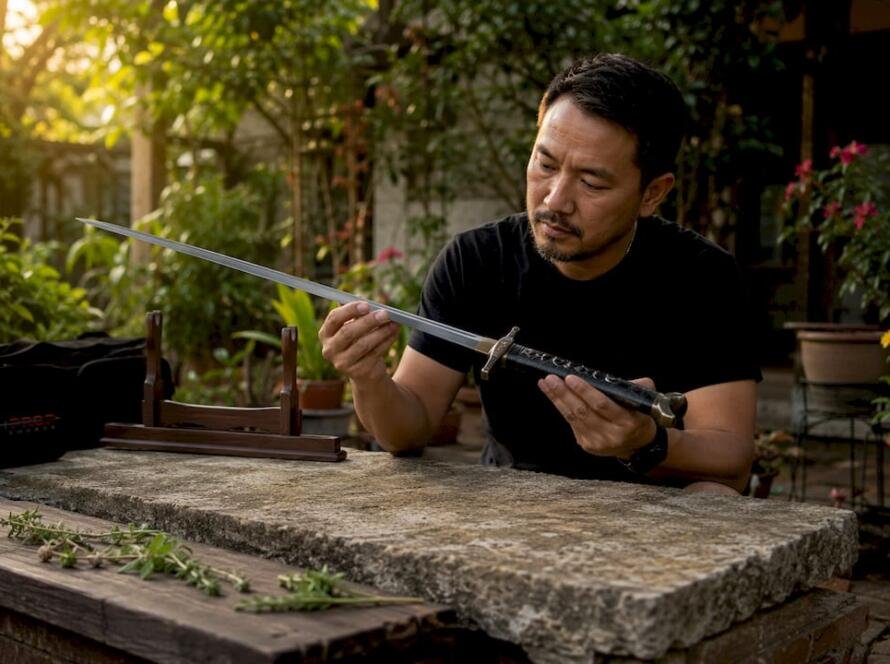 Collector examining escrima sword replica