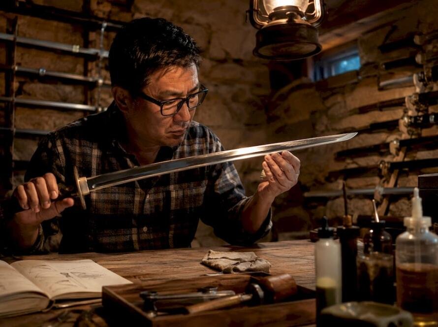 Collector inspecting sword blade closely