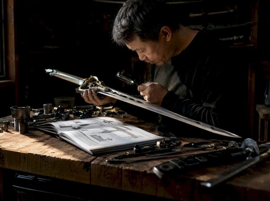 Collector inspecting anime replica sword indoors