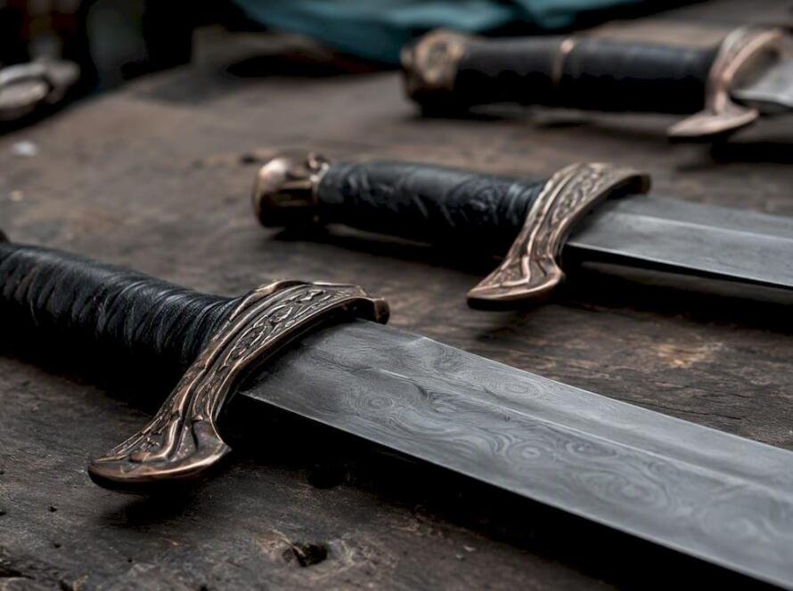 Close-up detailed replica sword hilts and blades