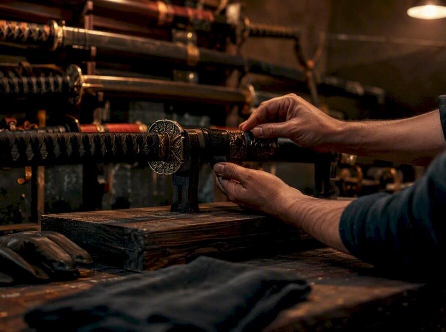 Collector adjusting replica sword on display rack