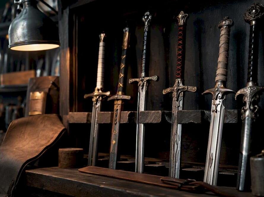Replica swords collection on wooden table