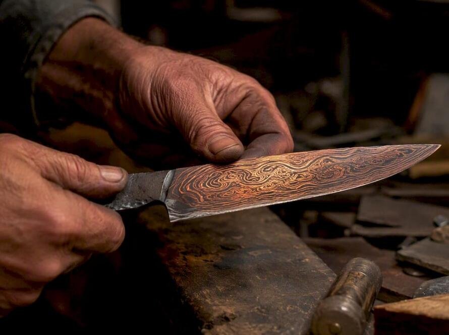 Close-up of layered Damascus knife blade in workshop