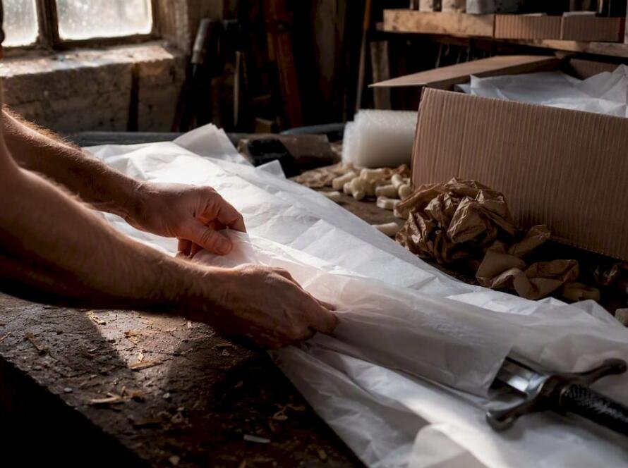 Hands wrapping sword blade with tissue before packing