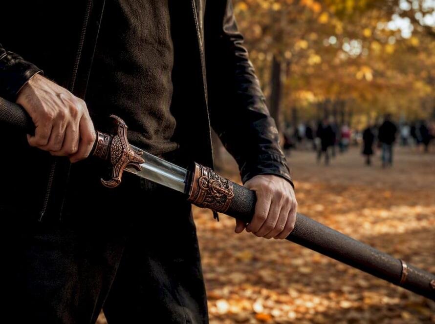 Hands sheathing replica sword outdoors