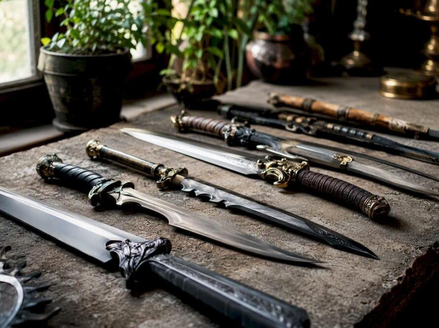 Close-up of replica collectible knives display