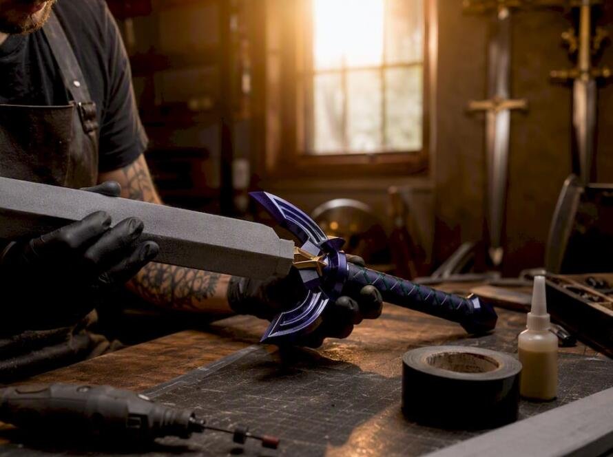 Hands assembling foam sword core with steel rod